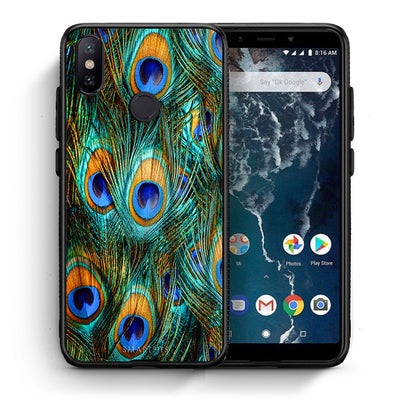 Θήκη Xiaomi Mi A2 Real Peacock Feathers από τη Smartfits με σχέδιο στο πίσω μέρος και μαύρο περίβλημα | Xiaomi Mi A2 Real Peacock Feathers case with colorful back and black bezels
