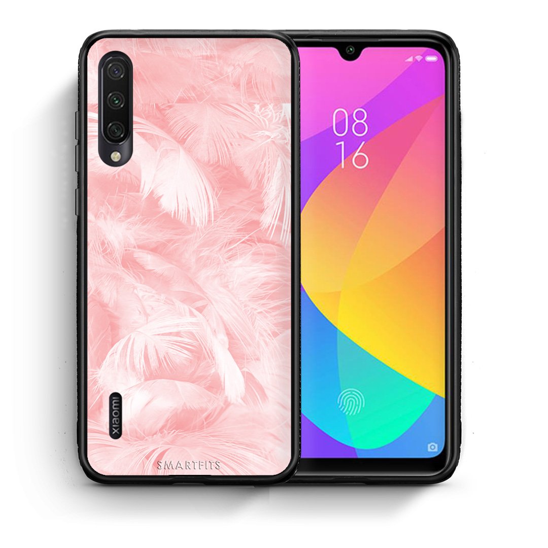 Θήκη Xiaomi Mi A3 Pink Feather Boho από τη Smartfits με σχέδιο στο πίσω μέρος και μαύρο περίβλημα | Xiaomi Mi A3 Pink Feather Boho case with colorful back and black bezels