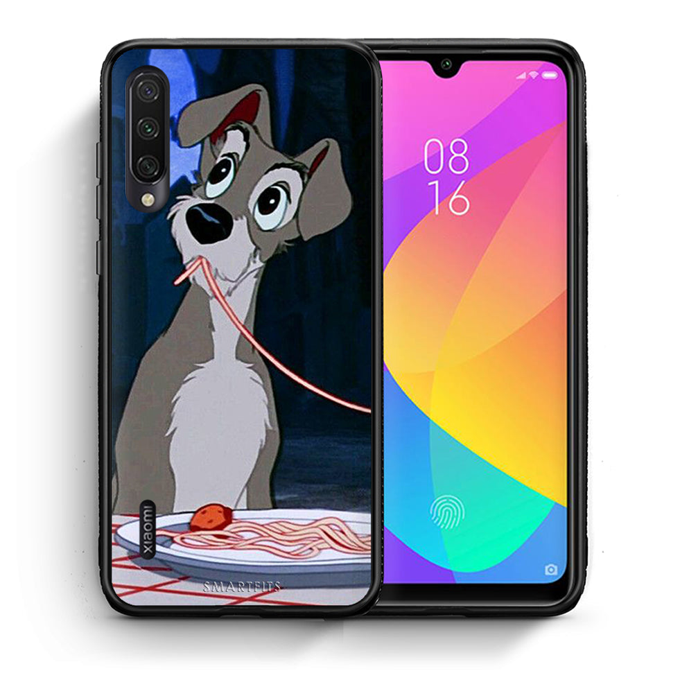 Θήκη Αγίου Βαλεντίνου Xiaomi Mi A3 Lady And Tramp 1 από τη Smartfits με σχέδιο στο πίσω μέρος και μαύρο περίβλημα | Xiaomi Mi A3 Lady And Tramp 1 case with colorful back and black bezels