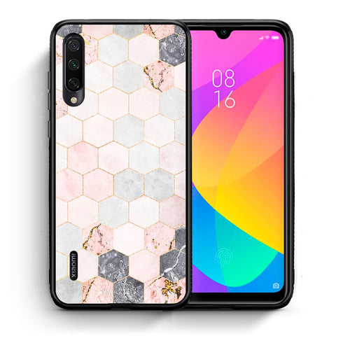 Θήκη Xiaomi Mi A3 Hexagon Pink Marble από τη Smartfits με σχέδιο στο πίσω μέρος και μαύρο περίβλημα | Xiaomi Mi A3 Hexagon Pink Marble case with colorful back and black bezels