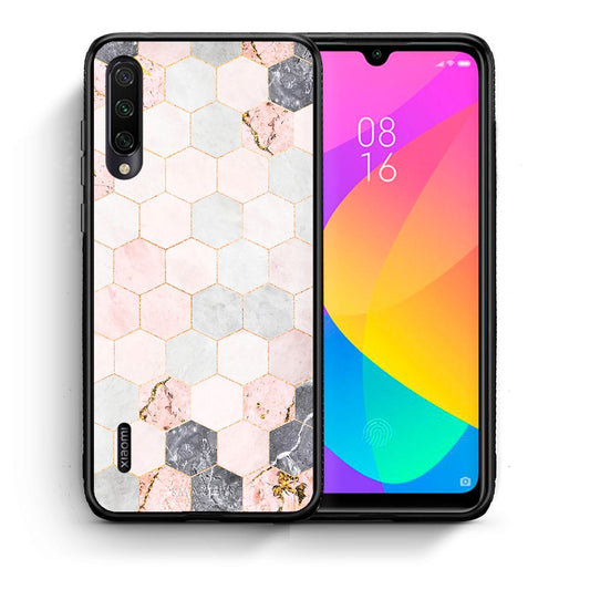 Θήκη Xiaomi Mi A3 Hexagon Pink Marble από τη Smartfits με σχέδιο στο πίσω μέρος και μαύρο περίβλημα | Xiaomi Mi A3 Hexagon Pink Marble case with colorful back and black bezels