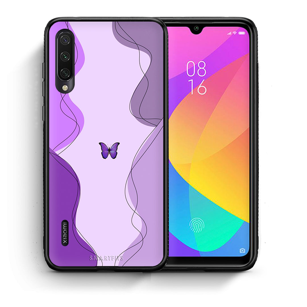 Θήκη Αγίου Βαλεντίνου Xiaomi Mi A3 Purple Mariposa από τη Smartfits με σχέδιο στο πίσω μέρος και μαύρο περίβλημα | Xiaomi Mi A3 Purple Mariposa case with colorful back and black bezels