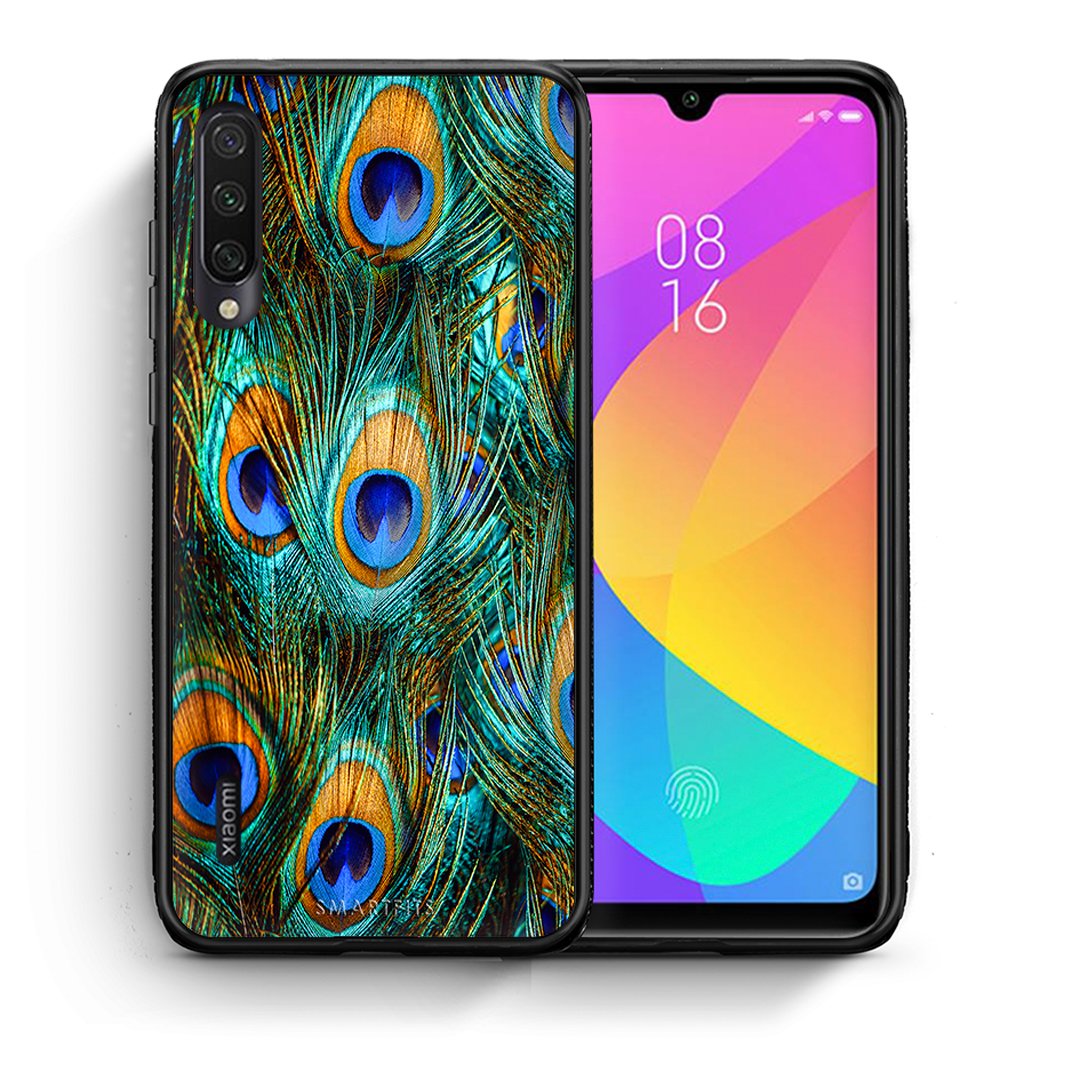 Θήκη Xiaomi Mi A3 Real Peacock Feathers από τη Smartfits με σχέδιο στο πίσω μέρος και μαύρο περίβλημα | Xiaomi Mi A3 Real Peacock Feathers case with colorful back and black bezels