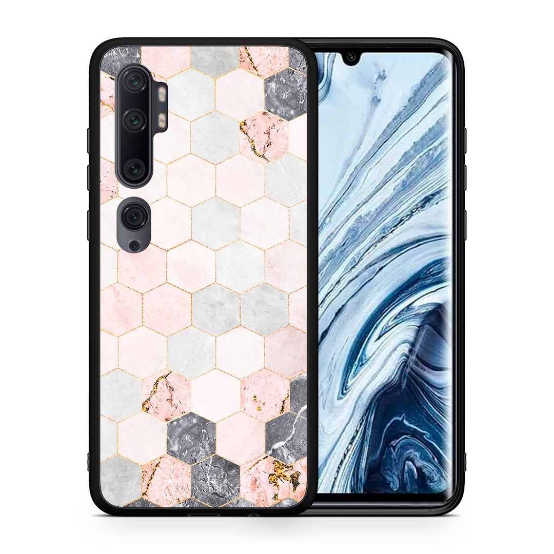 Θήκη Xiaomi Mi Note 10 Pro Hexagon Pink Marble από τη Smartfits με σχέδιο στο πίσω μέρος και μαύρο περίβλημα | Xiaomi Mi Note 10 Pro Hexagon Pink Marble case with colorful back and black bezels