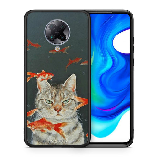 Θήκη Xiaomi Poco F2 Pro Cat Goldfish από τη Smartfits με σχέδιο στο πίσω μέρος και μαύρο περίβλημα | Xiaomi Poco F2 Pro Cat Goldfish case with colorful back and black bezels
