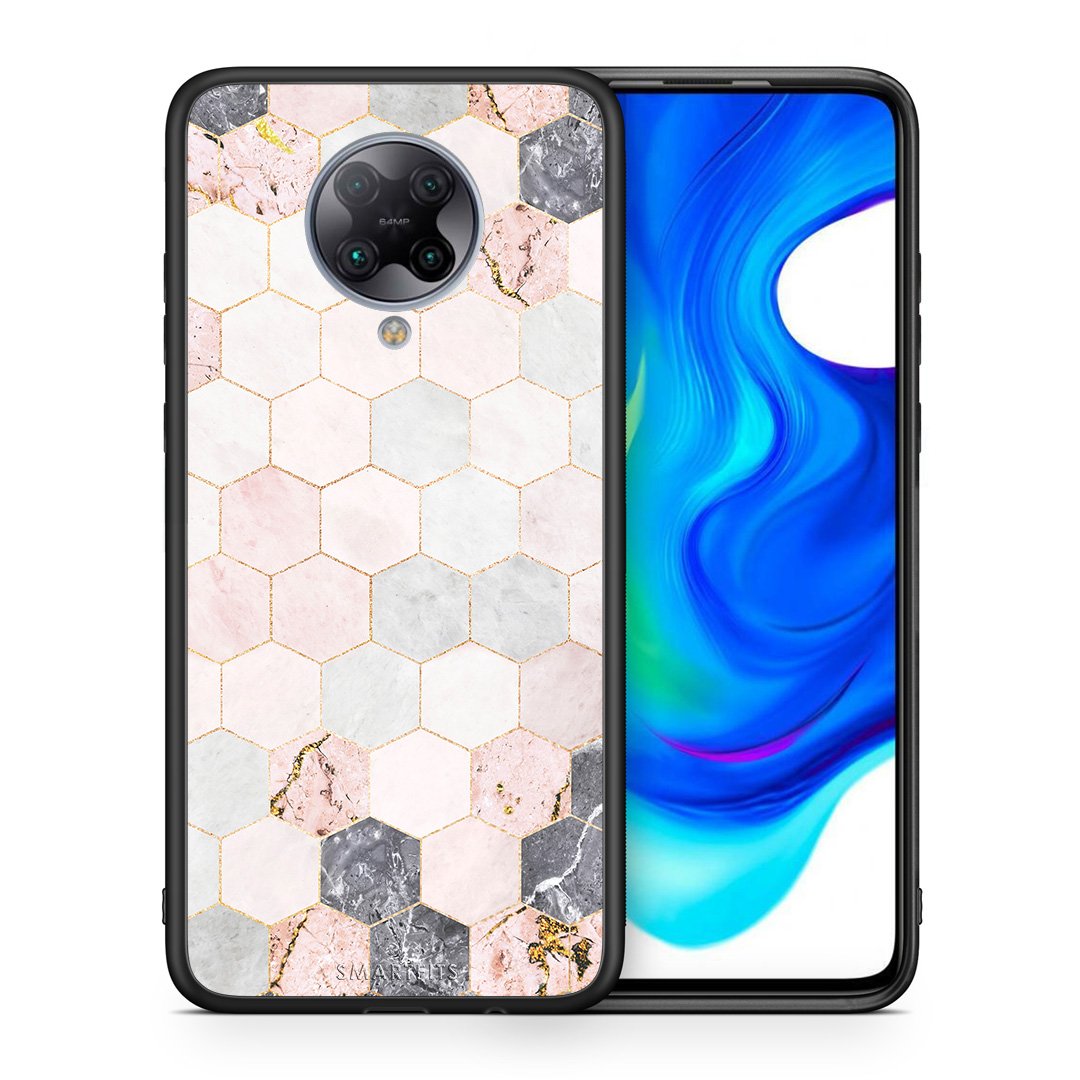 Θήκη Xiaomi Poco F2 Pro Hexagon Pink Marble από τη Smartfits με σχέδιο στο πίσω μέρος και μαύρο περίβλημα | Xiaomi Poco F2 Pro Hexagon Pink Marble case with colorful back and black bezels