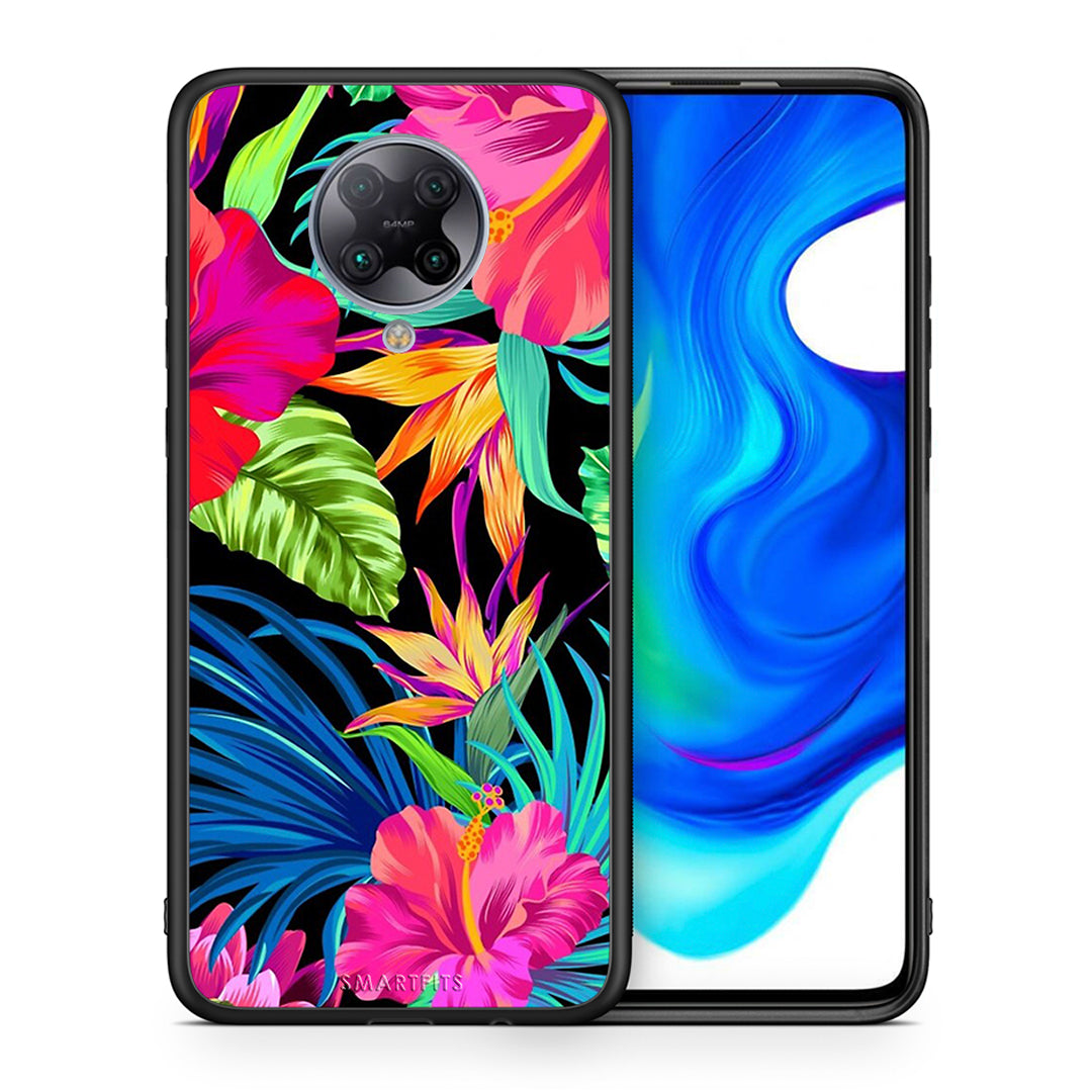 Θήκη Xiaomi Poco F2 Pro Tropical Flowers από τη Smartfits με σχέδιο στο πίσω μέρος και μαύρο περίβλημα | Xiaomi Poco F2 Pro Tropical Flowers case with colorful back and black bezels