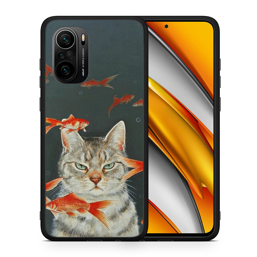 Θήκη Xiaomi Poco F3 Cat Goldfish από τη Smartfits με σχέδιο στο πίσω μέρος και μαύρο περίβλημα | Xiaomi Poco F3 Cat Goldfish case with colorful back and black bezels