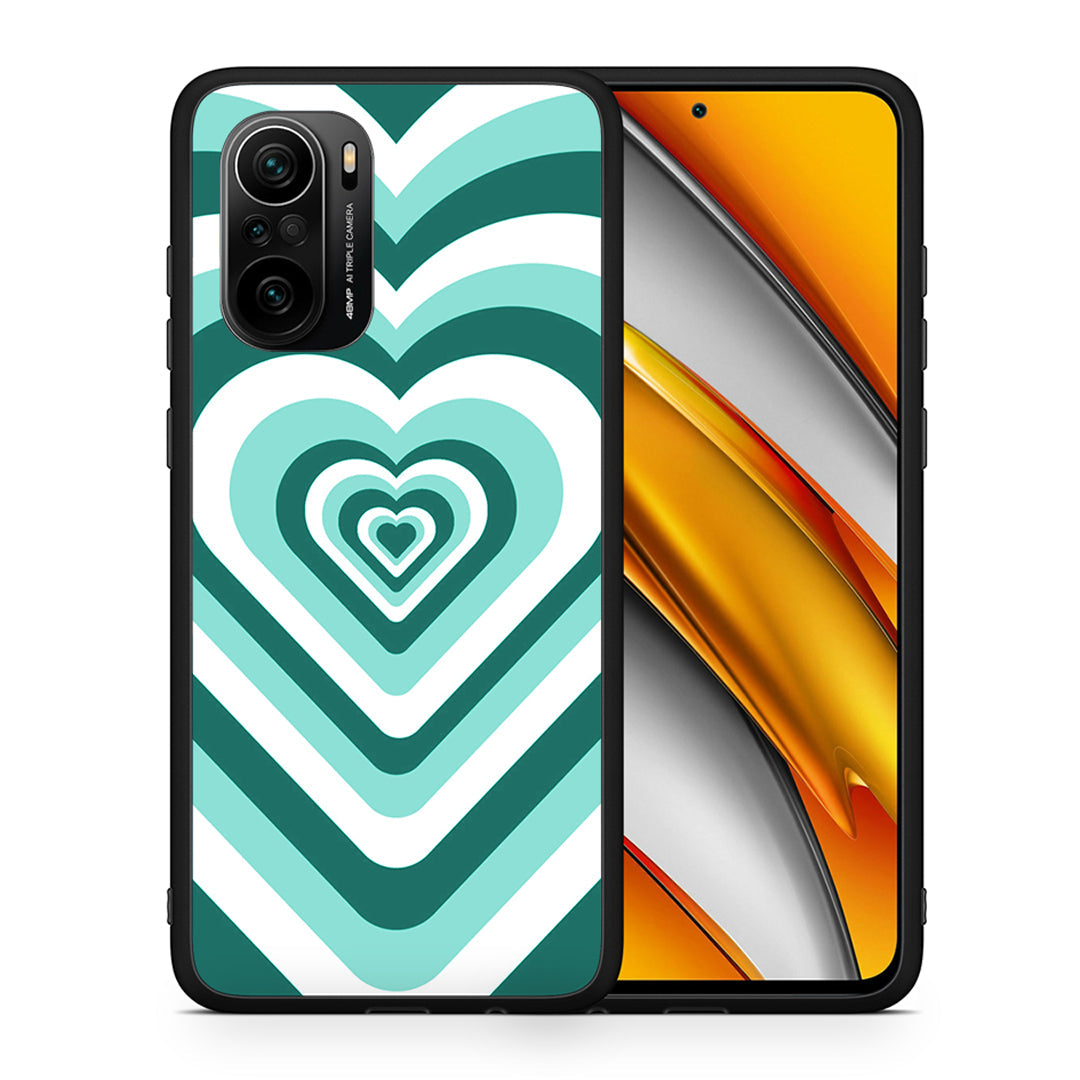 Θήκη Xiaomi Poco F3 Green Hearts από τη Smartfits με σχέδιο στο πίσω μέρος και μαύρο περίβλημα | Xiaomi Poco F3 Green Hearts case with colorful back and black bezels