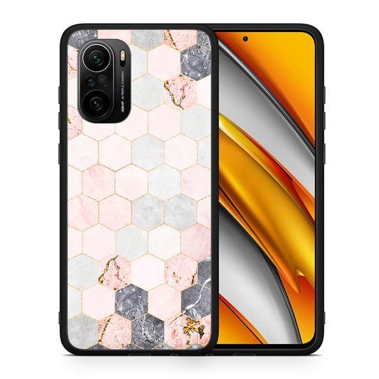 Θήκη Xiaomi Poco F3 Hexagon Pink Marble από τη Smartfits με σχέδιο στο πίσω μέρος και μαύρο περίβλημα | Xiaomi Poco F3 Hexagon Pink Marble case with colorful back and black bezels