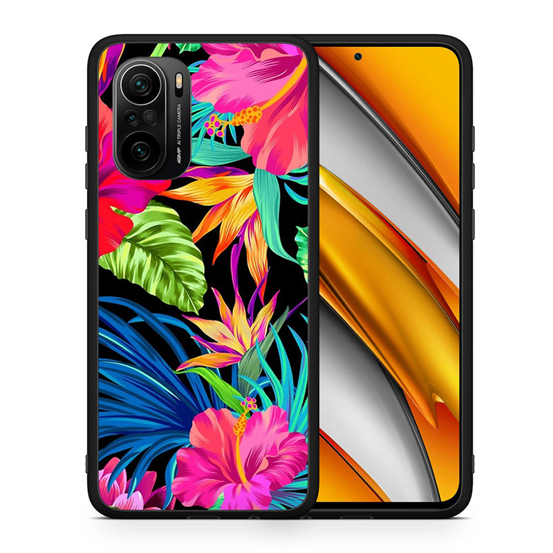 Θήκη Xiaomi Poco F3 Tropical Flowers από τη Smartfits με σχέδιο στο πίσω μέρος και μαύρο περίβλημα | Xiaomi Poco F3 Tropical Flowers case with colorful back and black bezels
