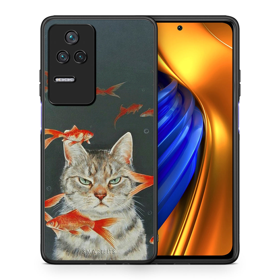 Θήκη Xiaomi Poco F4 / Redmi K40S Cat Goldfish από τη Smartfits με σχέδιο στο πίσω μέρος και μαύρο περίβλημα | Xiaomi Poco F4 / Redmi K40S Cat Goldfish case with colorful back and black bezels