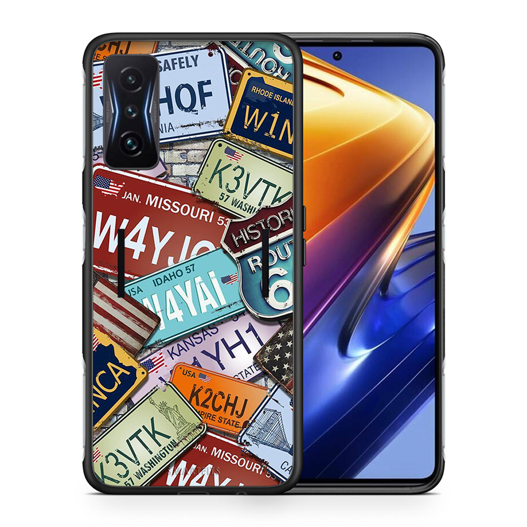 Θήκη Xiaomi Poco F4 GT Car Plates από τη Smartfits με σχέδιο στο πίσω μέρος και μαύρο περίβλημα | Xiaomi Poco F4 GT Car Plates case with colorful back and black bezels