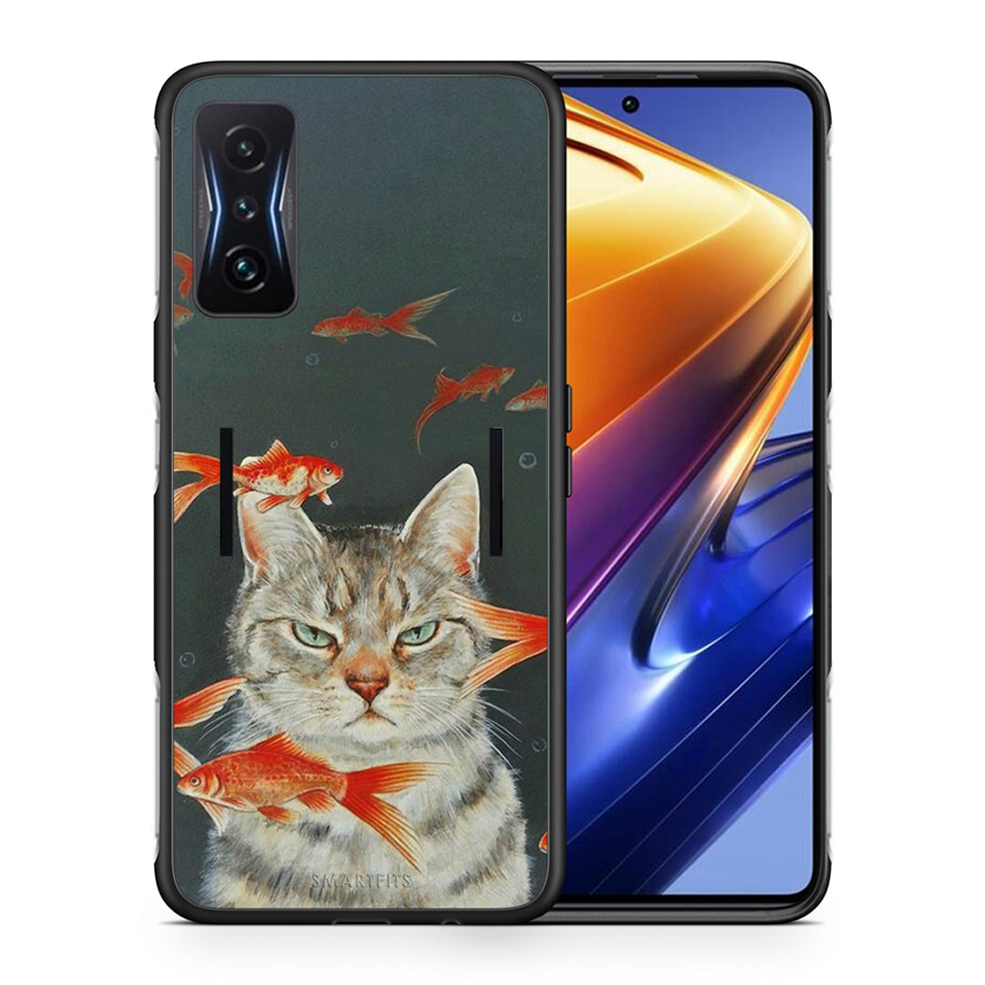 Θήκη Xiaomi Poco F4 GT Cat Goldfish από τη Smartfits με σχέδιο στο πίσω μέρος και μαύρο περίβλημα | Xiaomi Poco F4 GT Cat Goldfish case with colorful back and black bezels