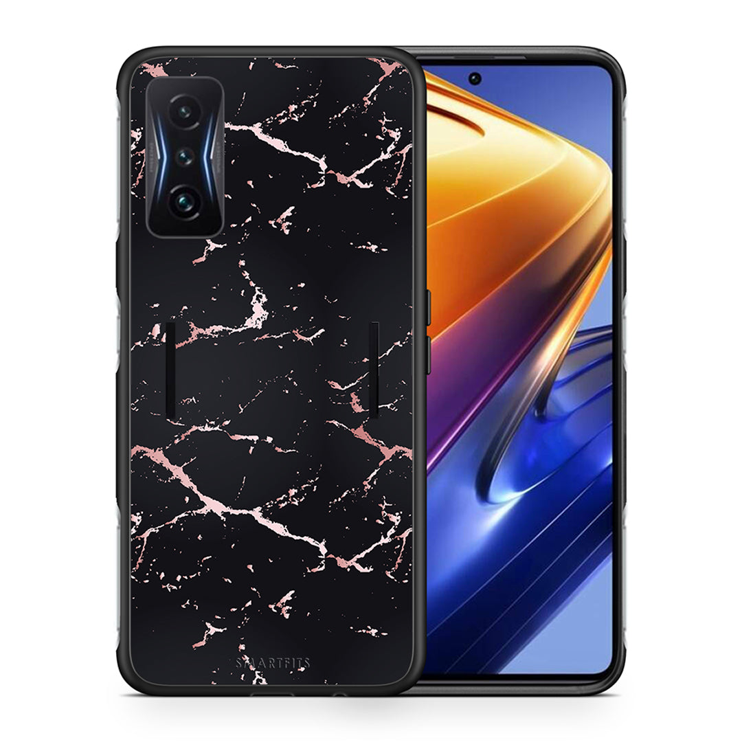 Θήκη Xiaomi Poco F4 GT Black Rosegold Marble από τη Smartfits με σχέδιο στο πίσω μέρος και μαύρο περίβλημα | Xiaomi Poco F4 GT Black Rosegold Marble case with colorful back and black bezels