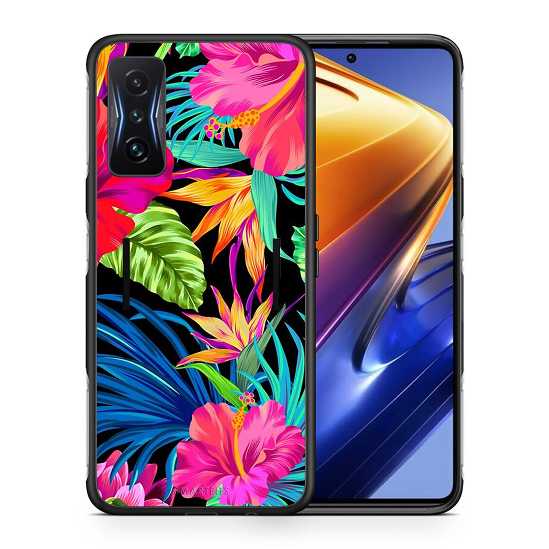 Θήκη Xiaomi Poco F4 GT Tropical Flowers από τη Smartfits με σχέδιο στο πίσω μέρος και μαύρο περίβλημα | Xiaomi Poco F4 GT Tropical Flowers case with colorful back and black bezels