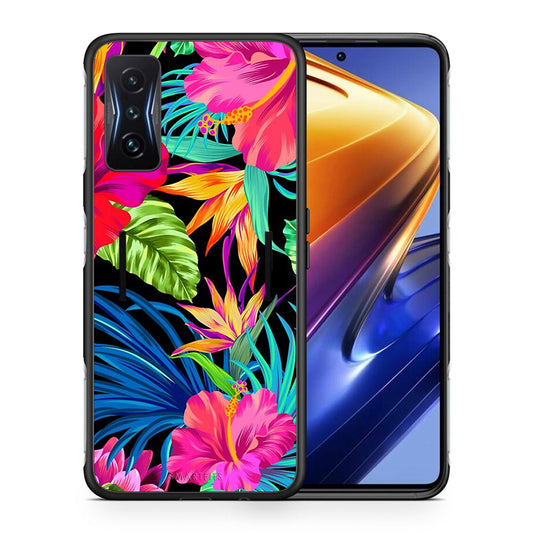 Θήκη Xiaomi Poco F4 GT Tropical Flowers από τη Smartfits με σχέδιο στο πίσω μέρος και μαύρο περίβλημα | Xiaomi Poco F4 GT Tropical Flowers case with colorful back and black bezels