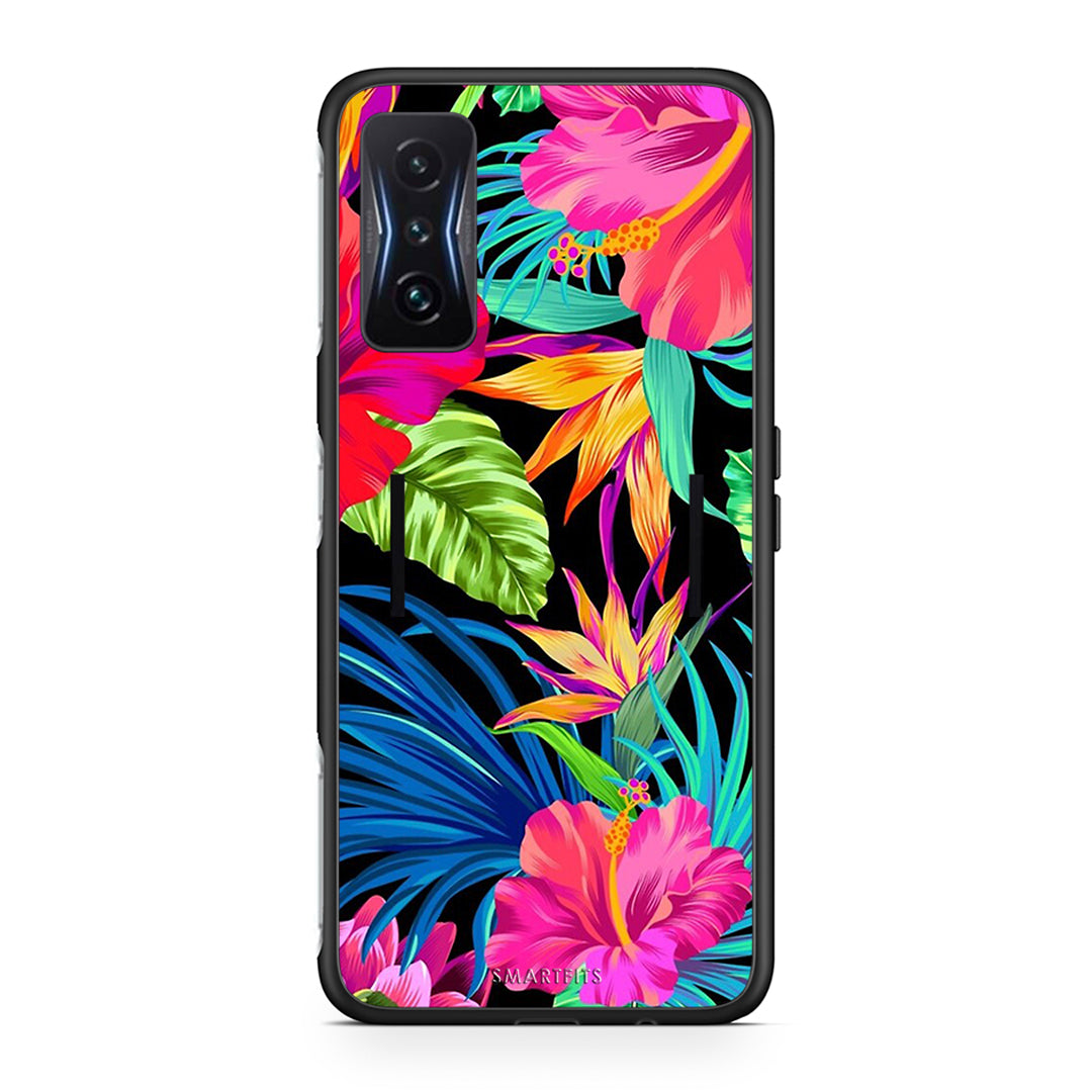 Xiaomi Poco F4 GT Tropical Flowers θήκη από τη Smartfits με σχέδιο στο πίσω μέρος και μαύρο περίβλημα | Smartphone case with colorful back and black bezels by Smartfits