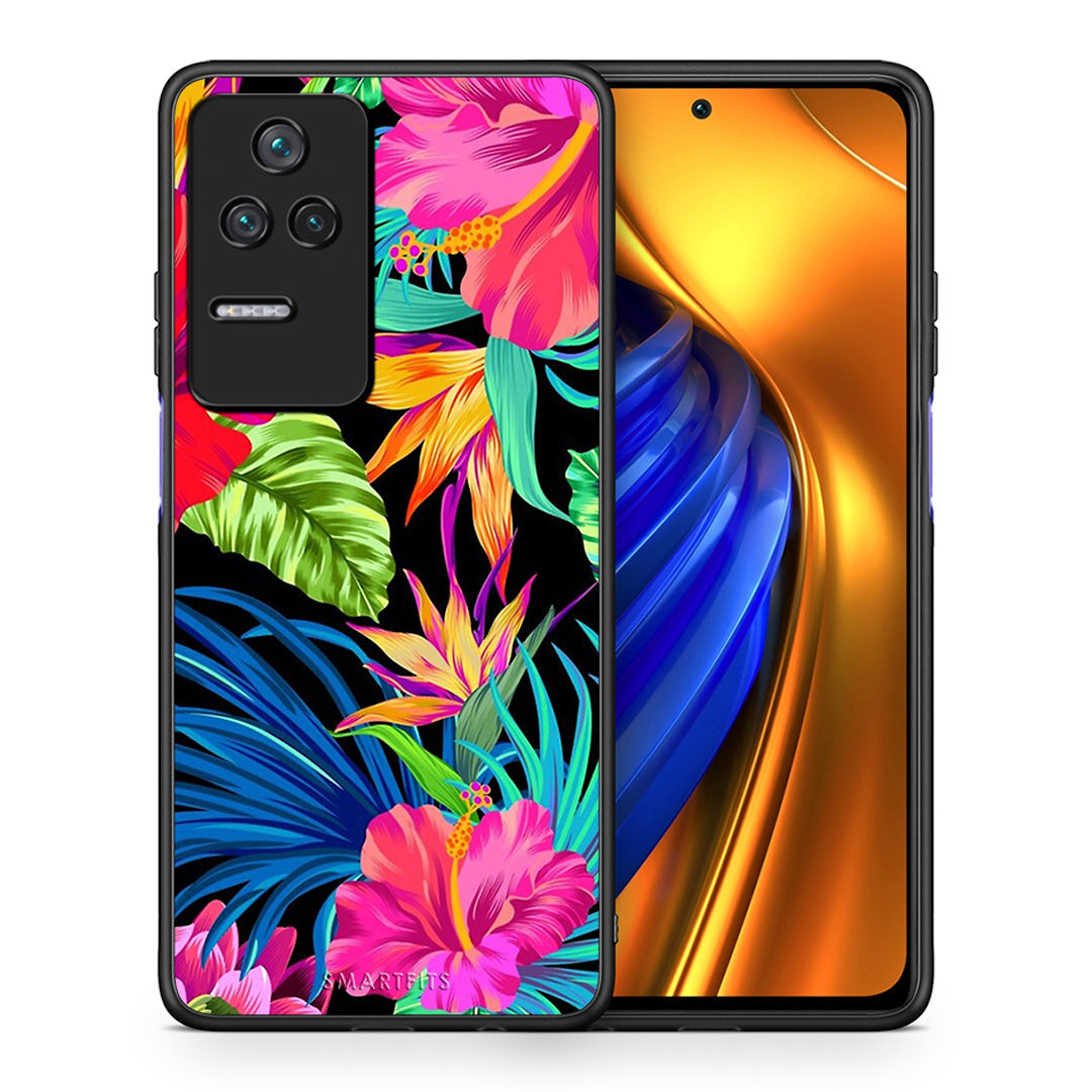 Θήκη Xiaomi Poco F4 / Redmi K40S Tropical Flowers από τη Smartfits με σχέδιο στο πίσω μέρος και μαύρο περίβλημα | Xiaomi Poco F4 / Redmi K40S Tropical Flowers case with colorful back and black bezels