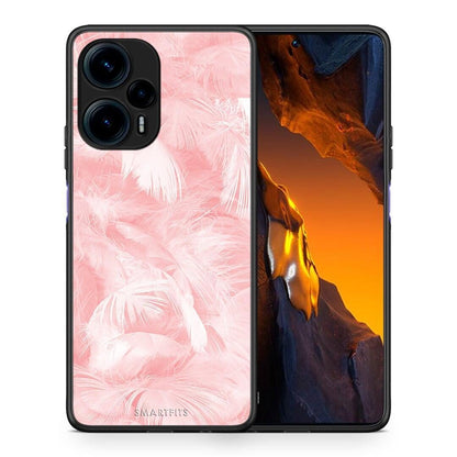 Θήκη Xiaomi Poco F5 5G Boho Pink Feather από τη Smartfits με σχέδιο στο πίσω μέρος και μαύρο περίβλημα | Xiaomi Poco F5 5G Boho Pink Feather Case with Colorful Back and Black Bezels