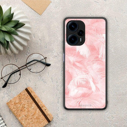 Θήκη Xiaomi Poco F5 5G Boho Pink Feather από τη Smartfits με σχέδιο στο πίσω μέρος και μαύρο περίβλημα | Xiaomi Poco F5 5G Boho Pink Feather Case with Colorful Back and Black Bezels