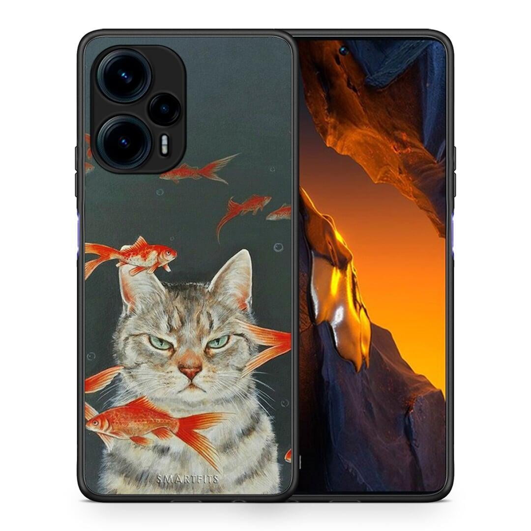 Θήκη Xiaomi Poco F5 5G Cat Goldfish από τη Smartfits με σχέδιο στο πίσω μέρος και μαύρο περίβλημα | Xiaomi Poco F5 5G Cat Goldfish Case with Colorful Back and Black Bezels