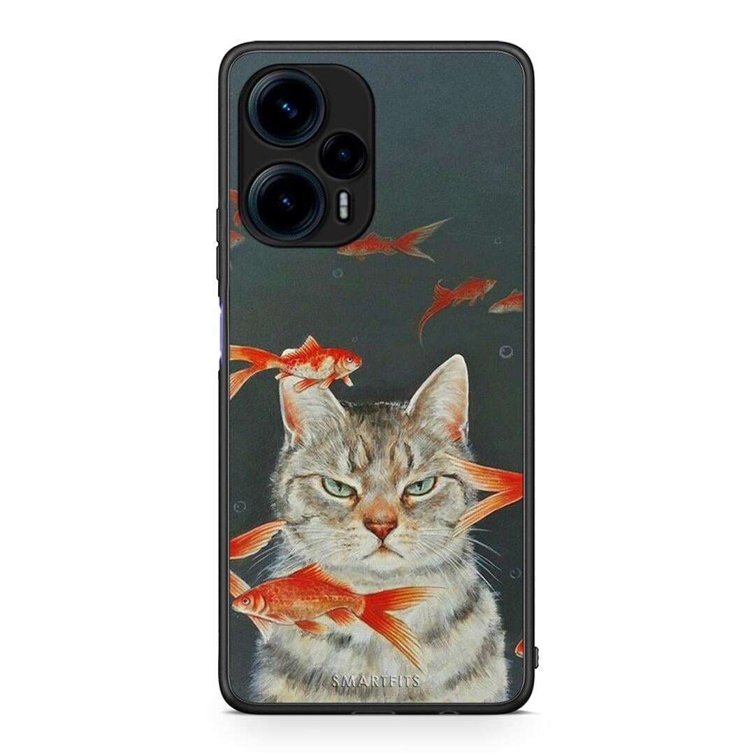 Θήκη Xiaomi Poco F5 5G Cat Goldfish από τη Smartfits με σχέδιο στο πίσω μέρος και μαύρο περίβλημα | Xiaomi Poco F5 5G Cat Goldfish Case with Colorful Back and Black Bezels