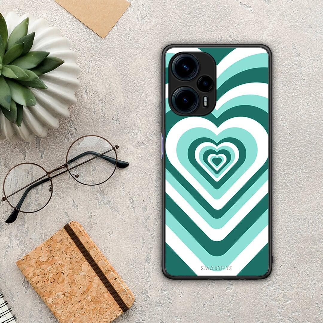 Θήκη Xiaomi Poco F5 5G Green Hearts από τη Smartfits με σχέδιο στο πίσω μέρος και μαύρο περίβλημα | Xiaomi Poco F5 5G Green Hearts Case with Colorful Back and Black Bezels