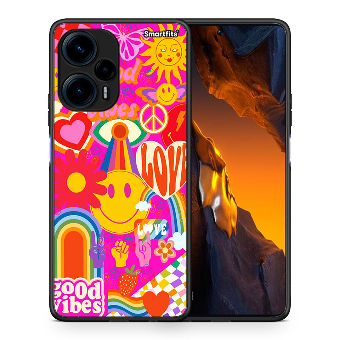 Θήκη Xiaomi Poco F5 5G Hippie Love από τη Smartfits με σχέδιο στο πίσω μέρος και μαύρο περίβλημα | Xiaomi Poco F5 5G Hippie Love Case with Colorful Back and Black Bezels