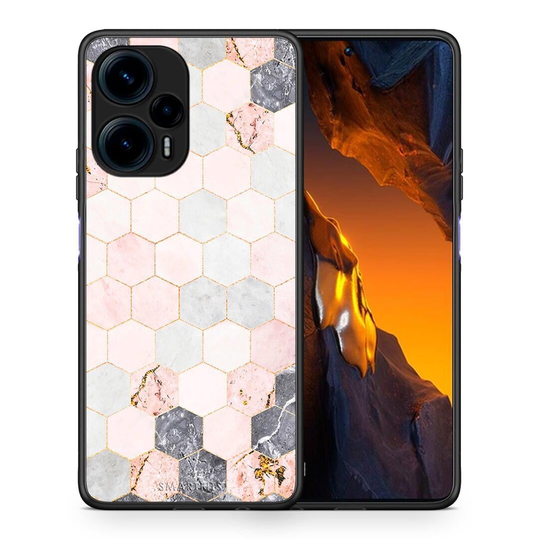 Θήκη Xiaomi Poco F5 5G Marble Hexagon Pink από τη Smartfits με σχέδιο στο πίσω μέρος και μαύρο περίβλημα | Xiaomi Poco F5 5G Marble Hexagon Pink Case with Colorful Back and Black Bezels