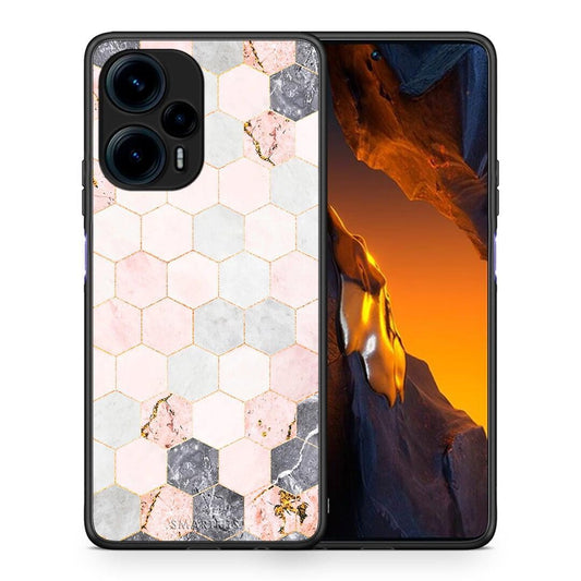 Θήκη Xiaomi Poco F5 5G Marble Hexagon Pink από τη Smartfits με σχέδιο στο πίσω μέρος και μαύρο περίβλημα | Xiaomi Poco F5 5G Marble Hexagon Pink Case with Colorful Back and Black Bezels