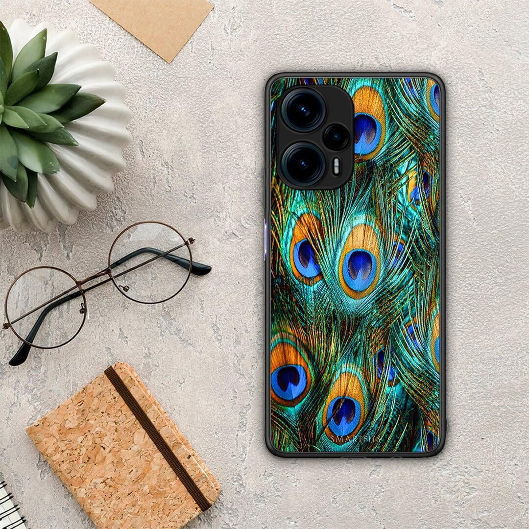 Θήκη Xiaomi Poco F5 5G Real Peacock Feathers από τη Smartfits με σχέδιο στο πίσω μέρος και μαύρο περίβλημα | Xiaomi Poco F5 5G Real Peacock Feathers Case with Colorful Back and Black Bezels