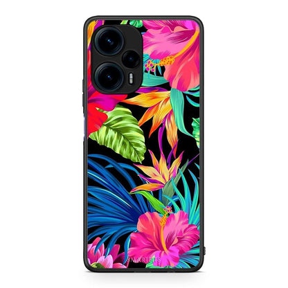 Θήκη Xiaomi Poco F5 5G Tropical Flowers από τη Smartfits με σχέδιο στο πίσω μέρος και μαύρο περίβλημα | Xiaomi Poco F5 5G Tropical Flowers Case with Colorful Back and Black Bezels
