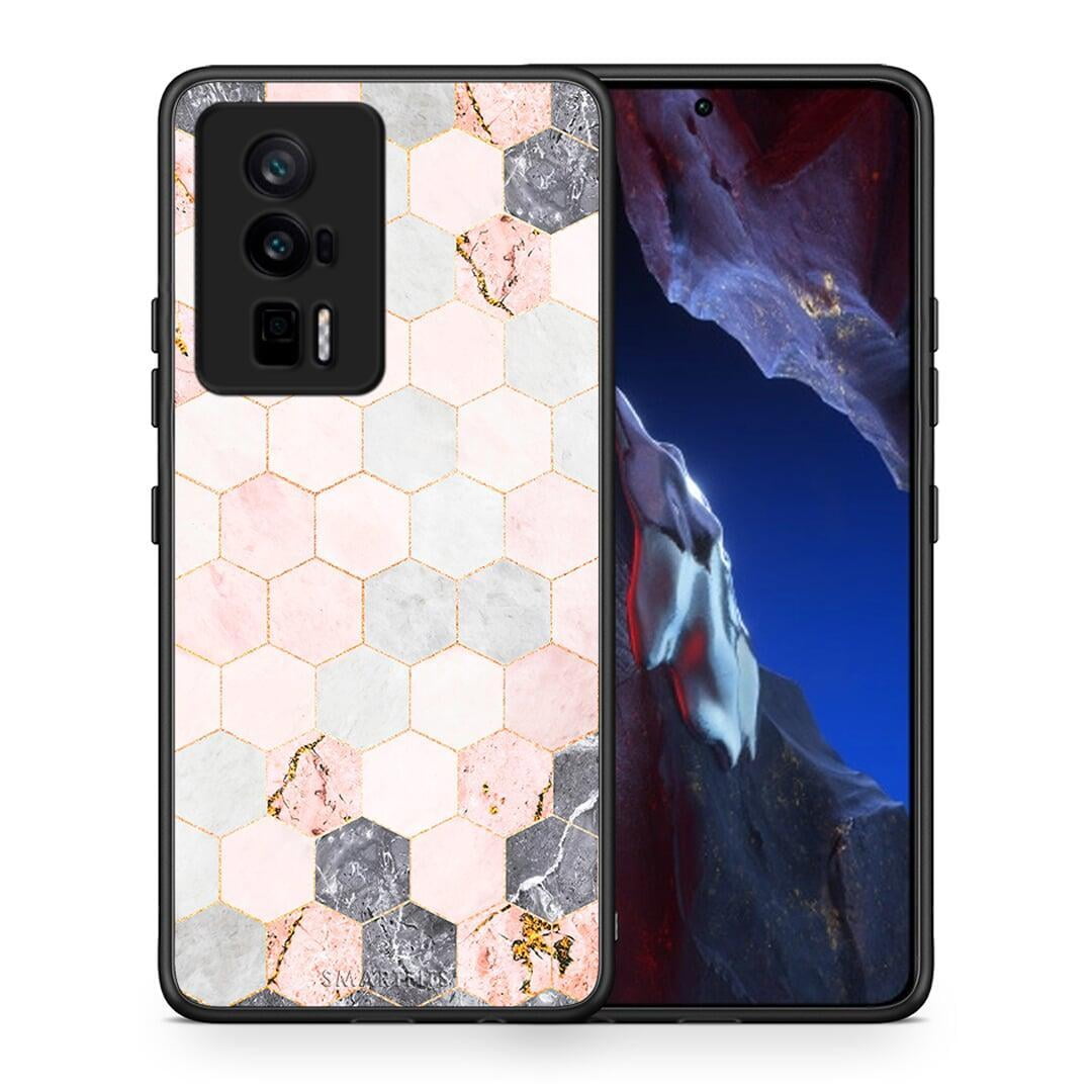 Θήκη Xiaomi Poco F5 Pro / Redmi K60 Pro Marble Hexagon Pink από τη Smartfits με σχέδιο στο πίσω μέρος και μαύρο περίβλημα | Xiaomi Poco F5 Pro / Redmi K60 Pro Marble Hexagon Pink Case with Colorful Back and Black Bezels