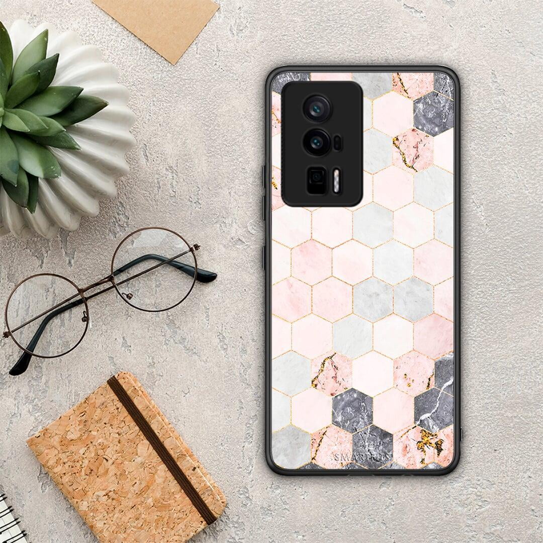 Θήκη Xiaomi Poco F5 Pro / Redmi K60 Pro Marble Hexagon Pink από τη Smartfits με σχέδιο στο πίσω μέρος και μαύρο περίβλημα | Xiaomi Poco F5 Pro / Redmi K60 Pro Marble Hexagon Pink Case with Colorful Back and Black Bezels