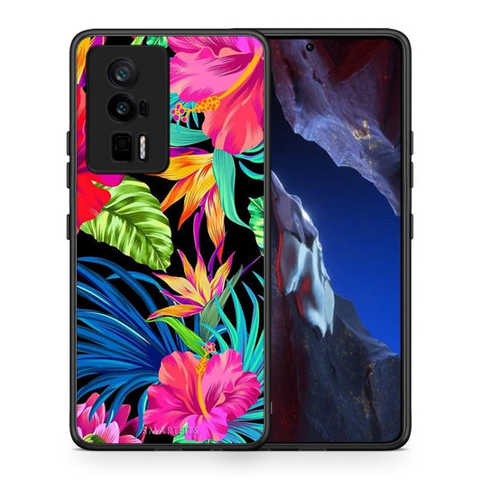 Θήκη Xiaomi Poco F5 Pro / Redmi K60 Pro Tropical Flowers από τη Smartfits με σχέδιο στο πίσω μέρος και μαύρο περίβλημα | Xiaomi Poco F5 Pro / Redmi K60 Pro Tropical Flowers Case with Colorful Back and Black Bezels