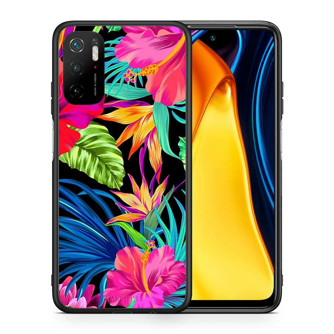 Θήκη Xiaomi Redmi Note 10 5G/Poco M3 Pro Tropical Flowers από τη Smartfits με σχέδιο στο πίσω μέρος και μαύρο περίβλημα | Xiaomi Redmi Note 10 5G/Poco M3 Pro Tropical Flowers case with colorful back and black bezels