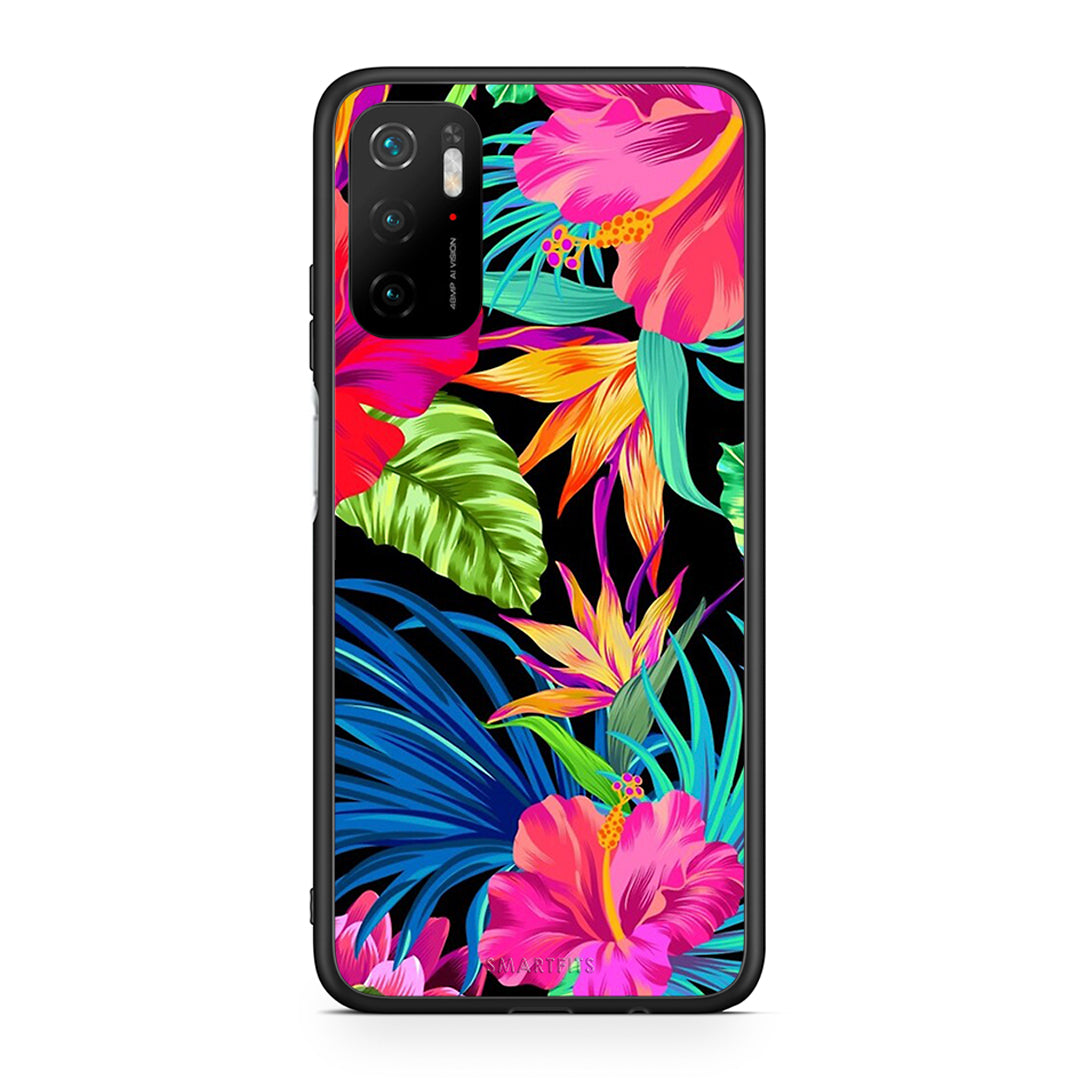 Xiaomi Redmi Note 10 5G/Poco M3 Pro Tropical Flowers θήκη από τη Smartfits με σχέδιο στο πίσω μέρος και μαύρο περίβλημα | Smartphone case with colorful back and black bezels by Smartfits