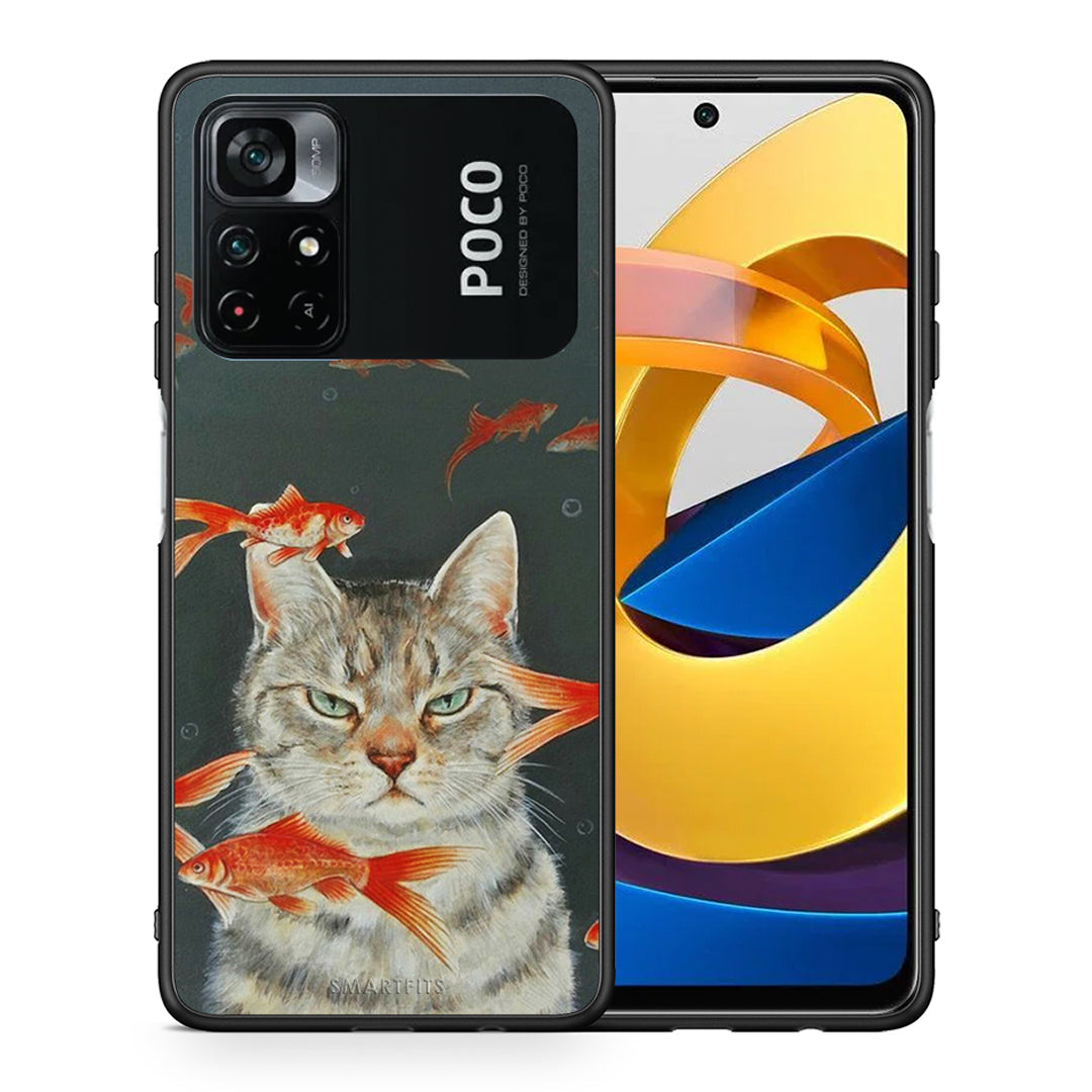 Θήκη Xiaomi Poco M4 Pro 4G Cat Goldfish από τη Smartfits με σχέδιο στο πίσω μέρος και μαύρο περίβλημα | Xiaomi Poco M4 Pro 4G Cat Goldfish case with colorful back and black bezels