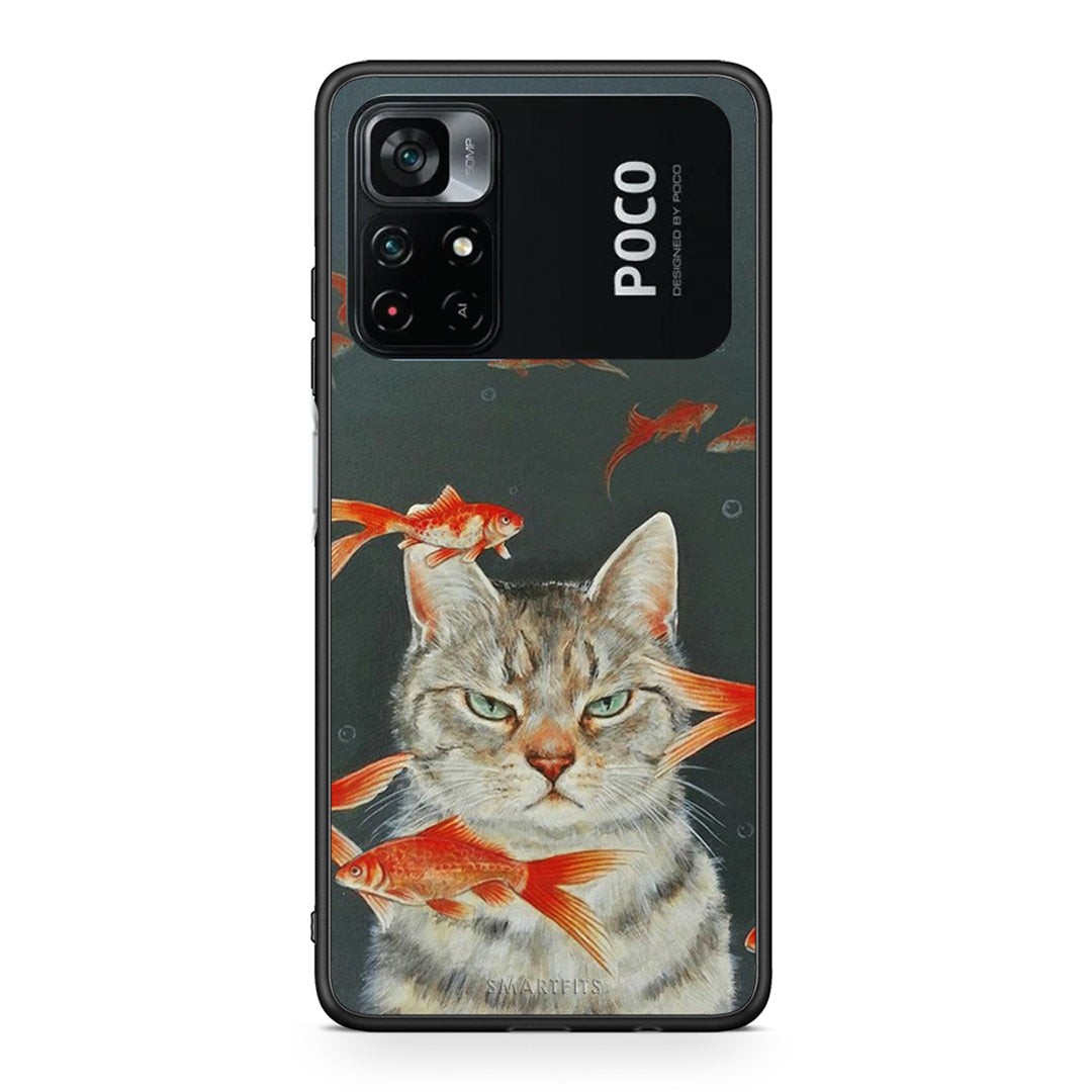 Xiaomi Poco M4 Pro 4G Cat Goldfish θήκη από τη Smartfits με σχέδιο στο πίσω μέρος και μαύρο περίβλημα | Smartphone case with colorful back and black bezels by Smartfits