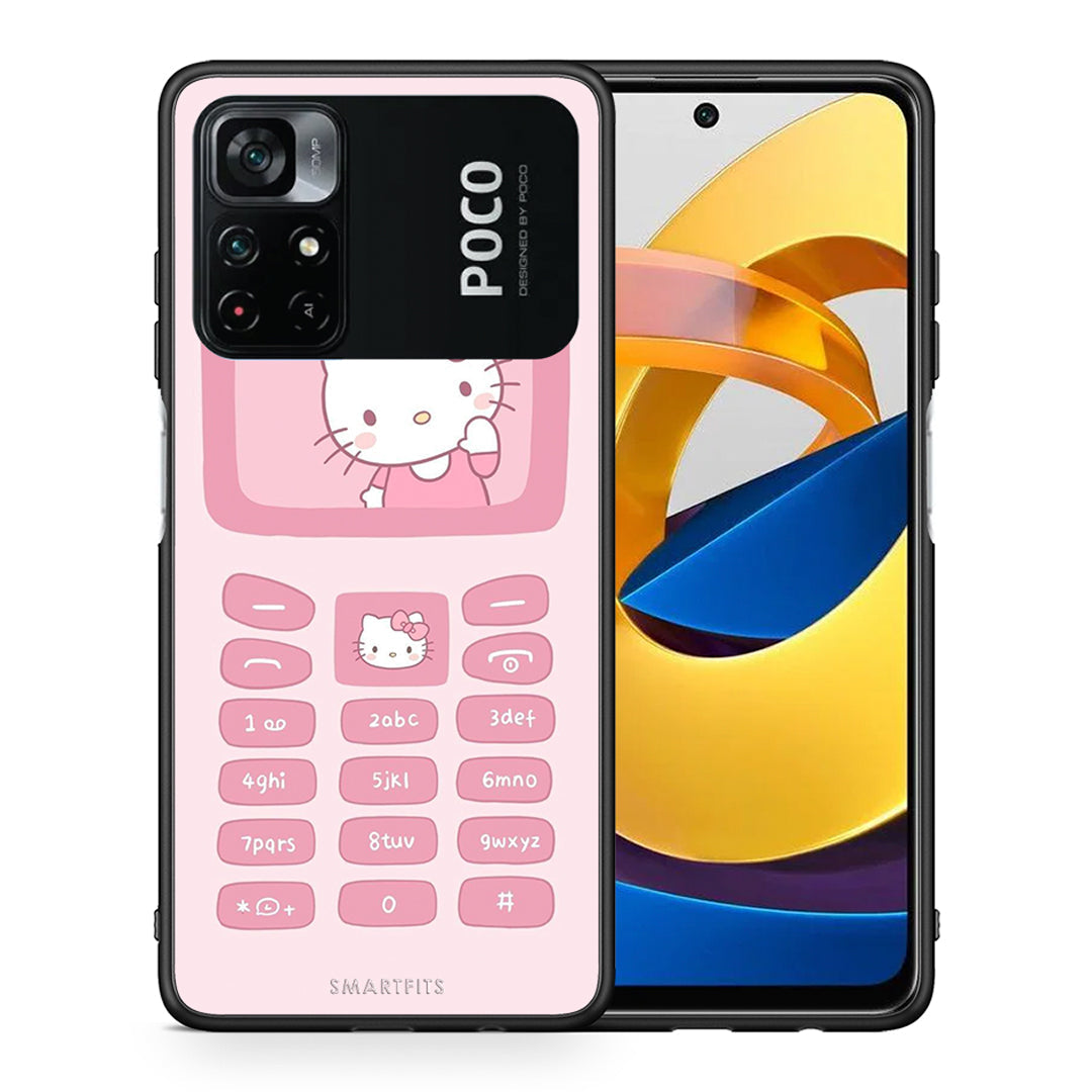 Θήκη Αγίου Βαλεντίνου Xiaomi Poco M4 Pro 4G Hello Kitten από τη Smartfits με σχέδιο στο πίσω μέρος και μαύρο περίβλημα | Xiaomi Poco M4 Pro 4G Hello Kitten case with colorful back and black bezels