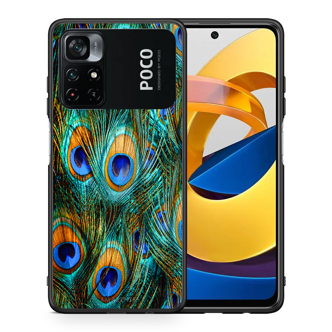 Θήκη Xiaomi Poco M4 Pro 4G Real Peacock Feathers από τη Smartfits με σχέδιο στο πίσω μέρος και μαύρο περίβλημα | Xiaomi Poco M4 Pro 4G Real Peacock Feathers case with colorful back and black bezels