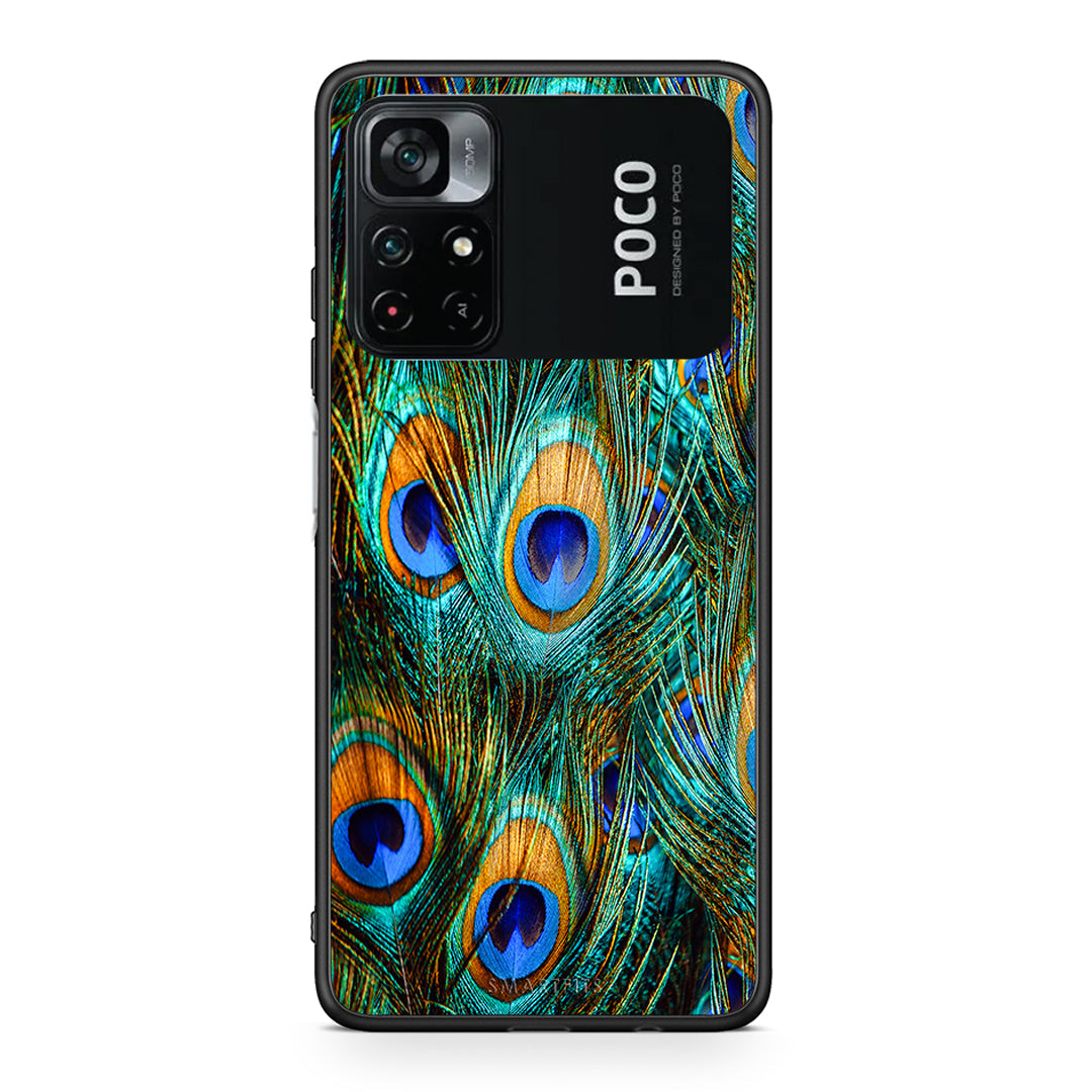 Xiaomi Poco M4 Pro 4G Real Peacock Feathers θήκη από τη Smartfits με σχέδιο στο πίσω μέρος και μαύρο περίβλημα | Smartphone case with colorful back and black bezels by Smartfits