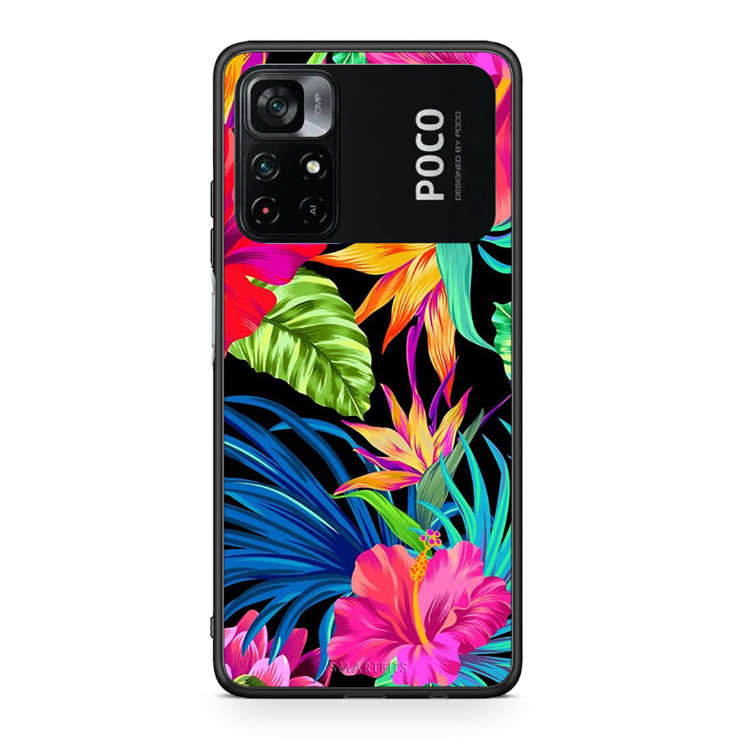 Xiaomi Poco M4 Pro 4G Tropical Flowers θήκη από τη Smartfits με σχέδιο στο πίσω μέρος και μαύρο περίβλημα | Smartphone case with colorful back and black bezels by Smartfits