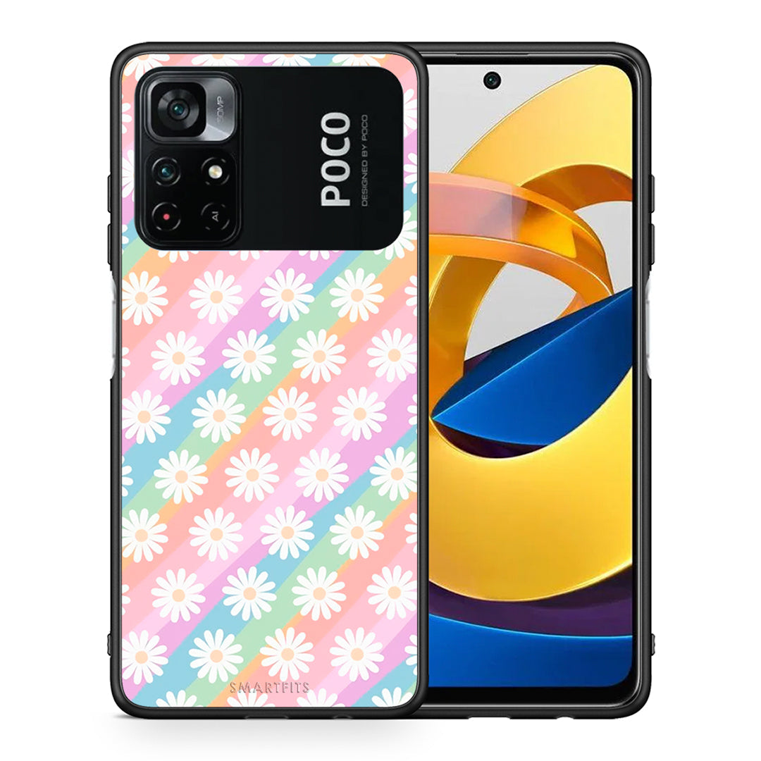 Θήκη Xiaomi Poco M4 Pro 4G White Daisies από τη Smartfits με σχέδιο στο πίσω μέρος και μαύρο περίβλημα | Xiaomi Poco M4 Pro 4G White Daisies case with colorful back and black bezels