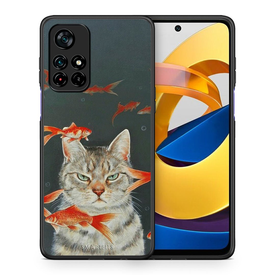 Θήκη Xiaomi Poco M4 Pro 5G Cat Goldfish από τη Smartfits με σχέδιο στο πίσω μέρος και μαύρο περίβλημα | Xiaomi Poco M4 Pro 5G Cat Goldfish case with colorful back and black bezels