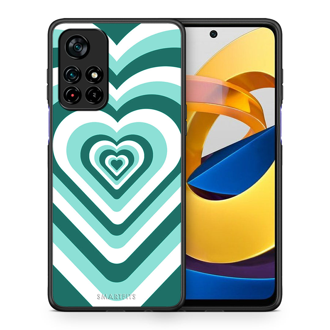 Θήκη Xiaomi Poco M4 Pro 5G Green Hearts από τη Smartfits με σχέδιο στο πίσω μέρος και μαύρο περίβλημα | Xiaomi Poco M4 Pro 5G Green Hearts case with colorful back and black bezels