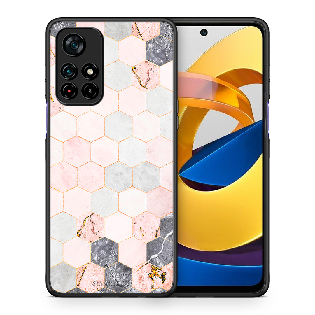 Θήκη Xiaomi Poco M4 Pro 5G Hexagon Pink Marble από τη Smartfits με σχέδιο στο πίσω μέρος και μαύρο περίβλημα | Xiaomi Poco M4 Pro 5G Hexagon Pink Marble case with colorful back and black bezels