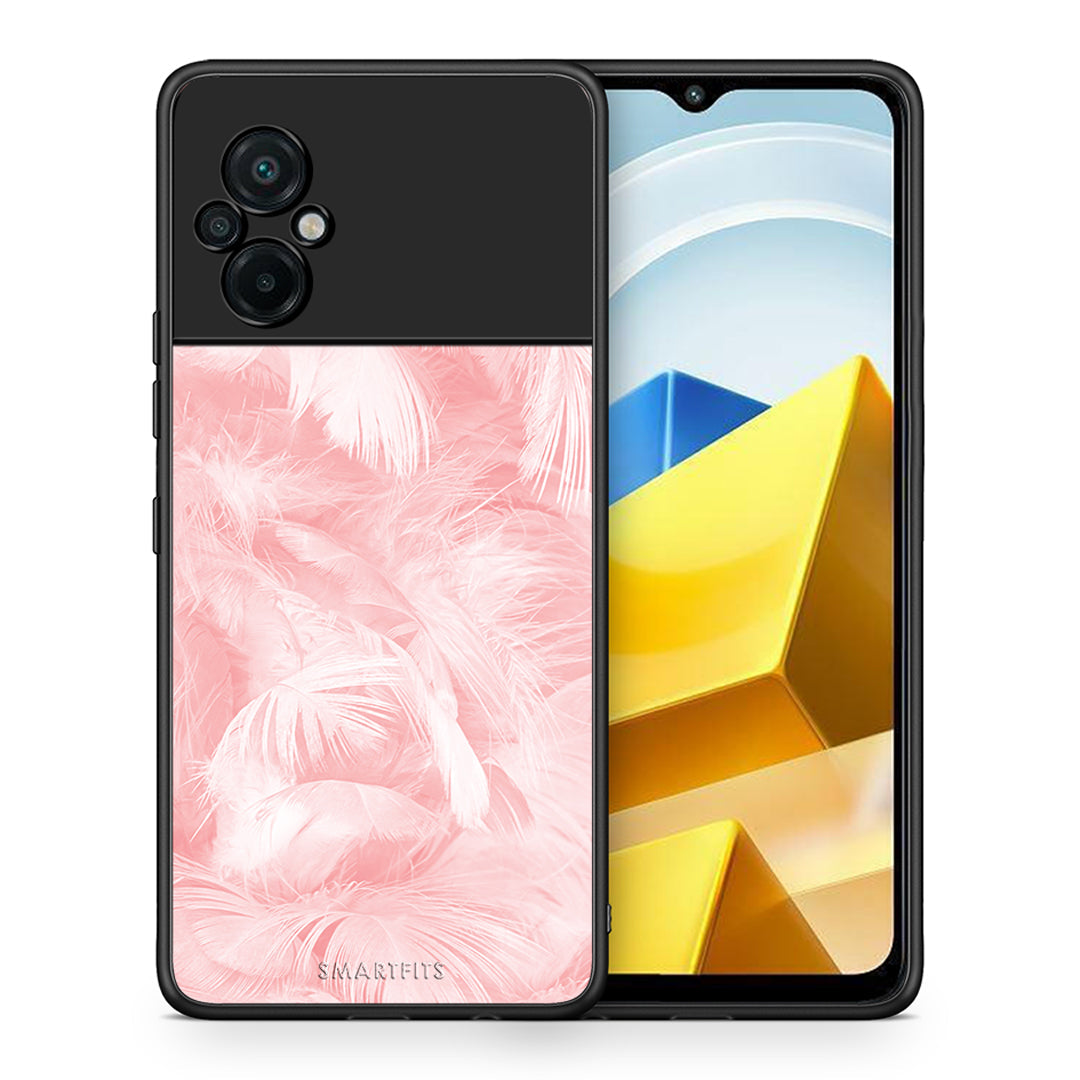Θήκη Xiaomi Poco M5 / Redmi Note 11E Pink Feather Boho από τη Smartfits με σχέδιο στο πίσω μέρος και μαύρο περίβλημα | Xiaomi Poco M5 / Redmi Note 11E Pink Feather Boho case with colorful back and black bezels