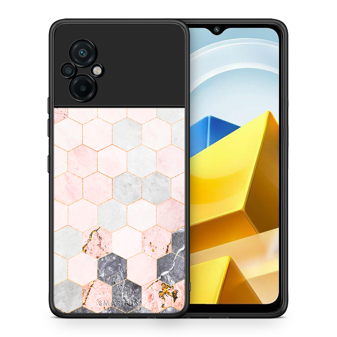 Θήκη Xiaomi Poco M5 / Redmi Note 11E Hexagon Pink Marble από τη Smartfits με σχέδιο στο πίσω μέρος και μαύρο περίβλημα | Xiaomi Poco M5 / Redmi Note 11E Hexagon Pink Marble case with colorful back and black bezels